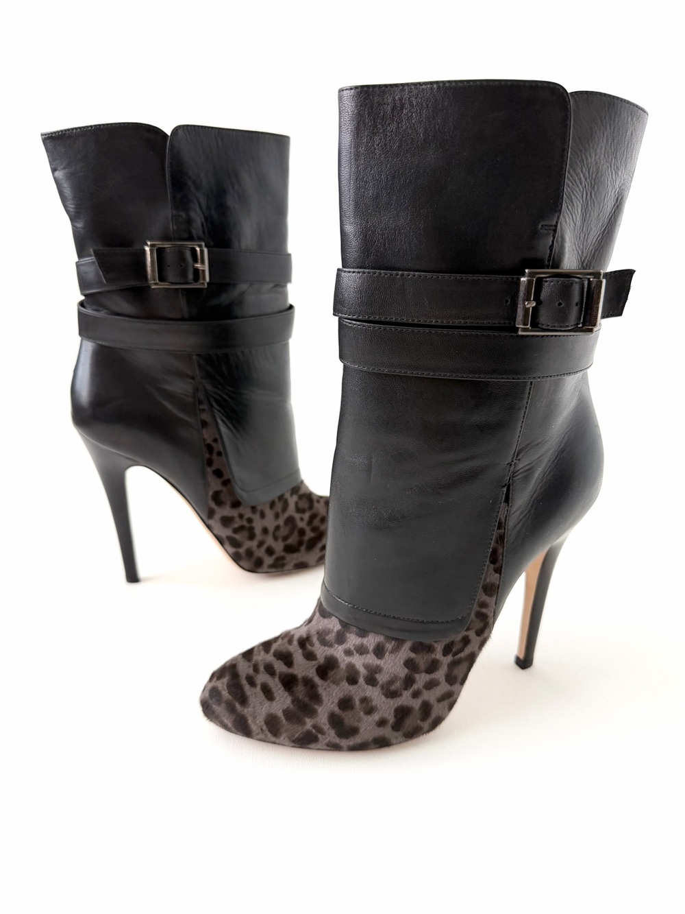 JIMMY CHOO | Blaine Leather Leopard Calf Hair Buckle Ankle Boots Black EU 39 - Picture 2 of 11